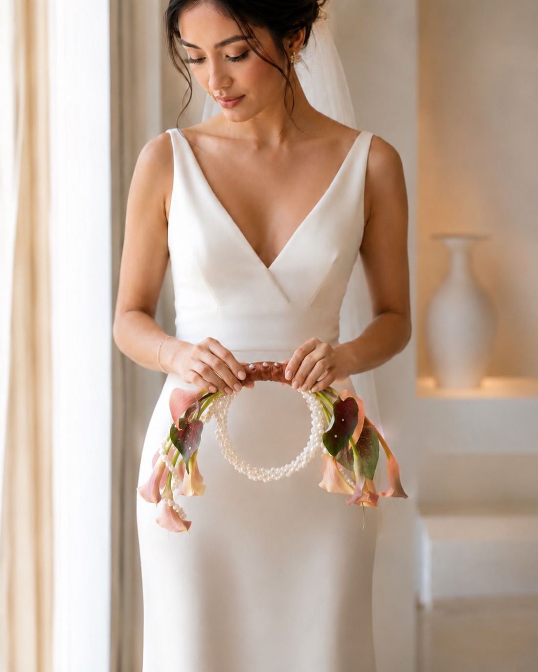 Bride holding a soft pink bridal bouquet